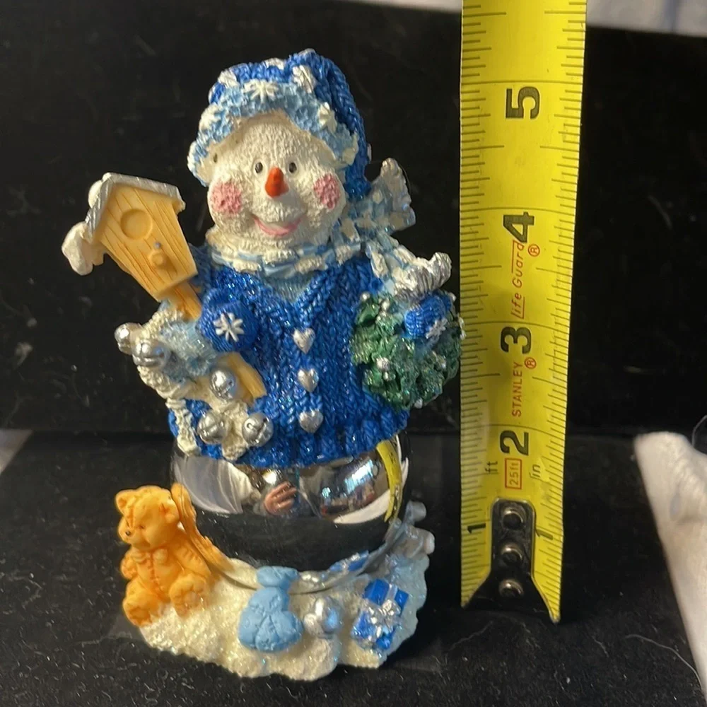 Vintage Blue & White Sparkling Snowman Silver Ornament Base Figurine